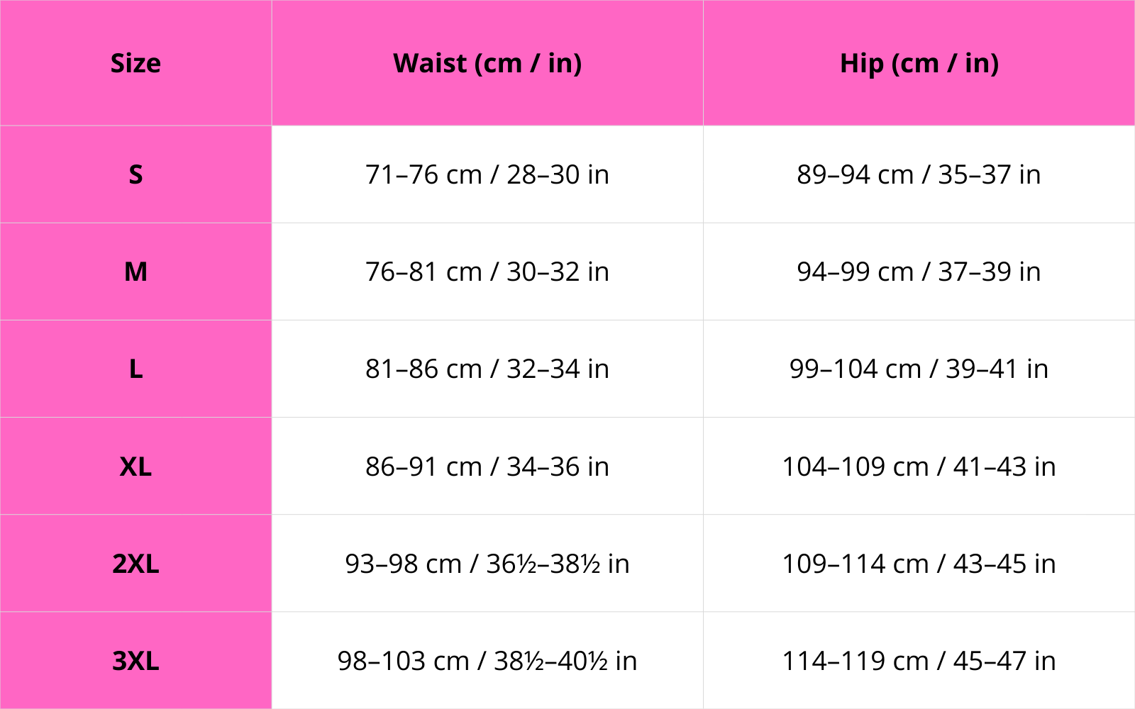 Size chart