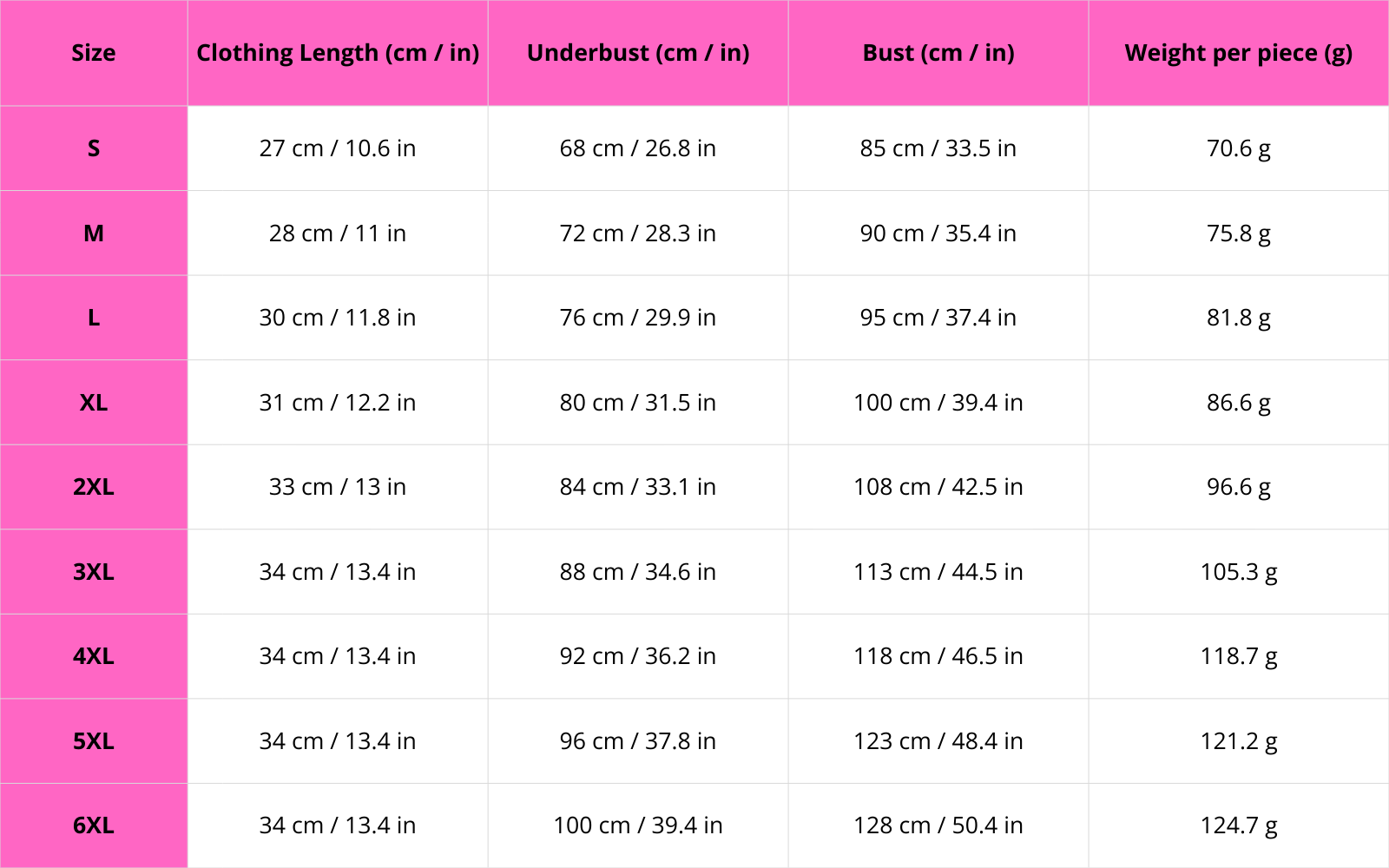 Size chart