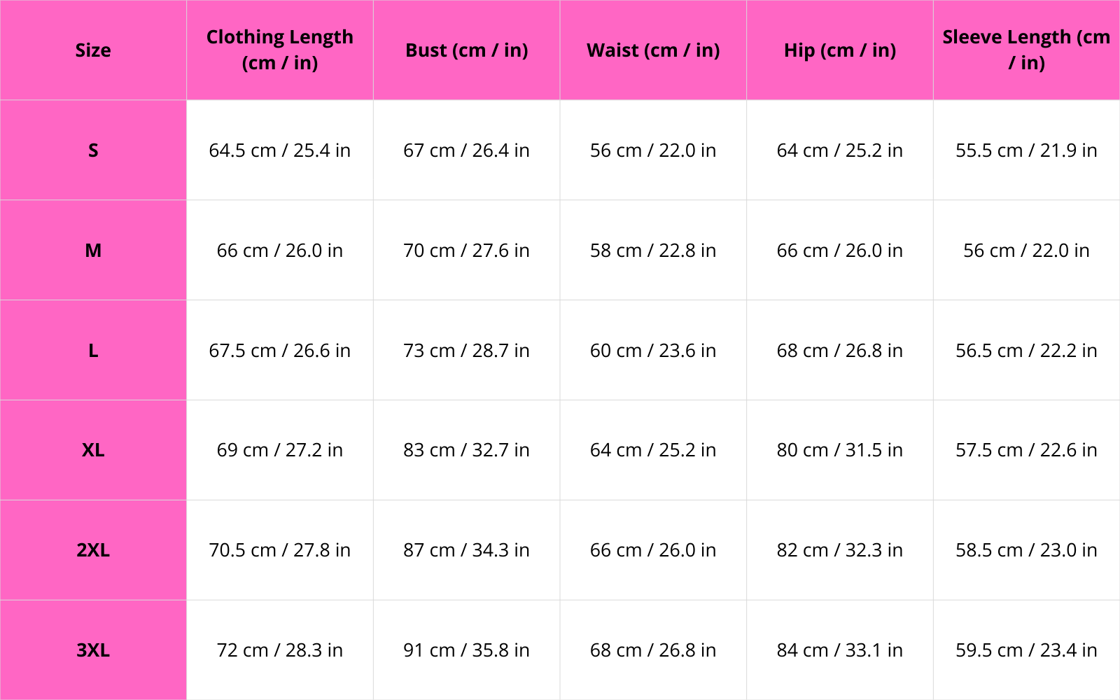 Size chart