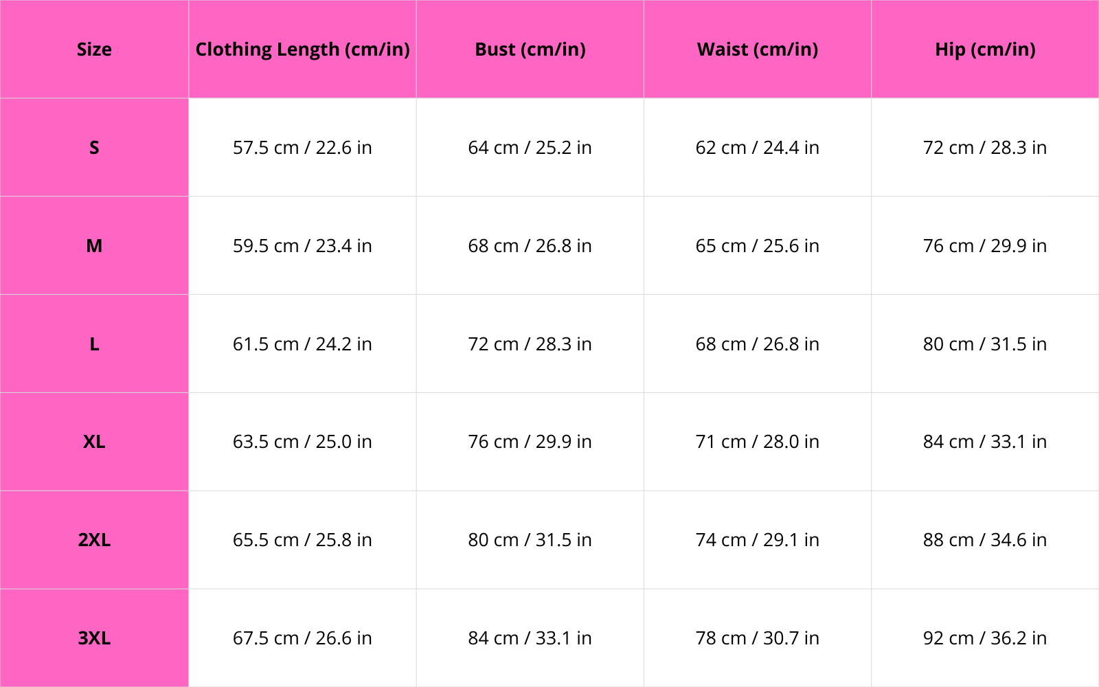 Size chart