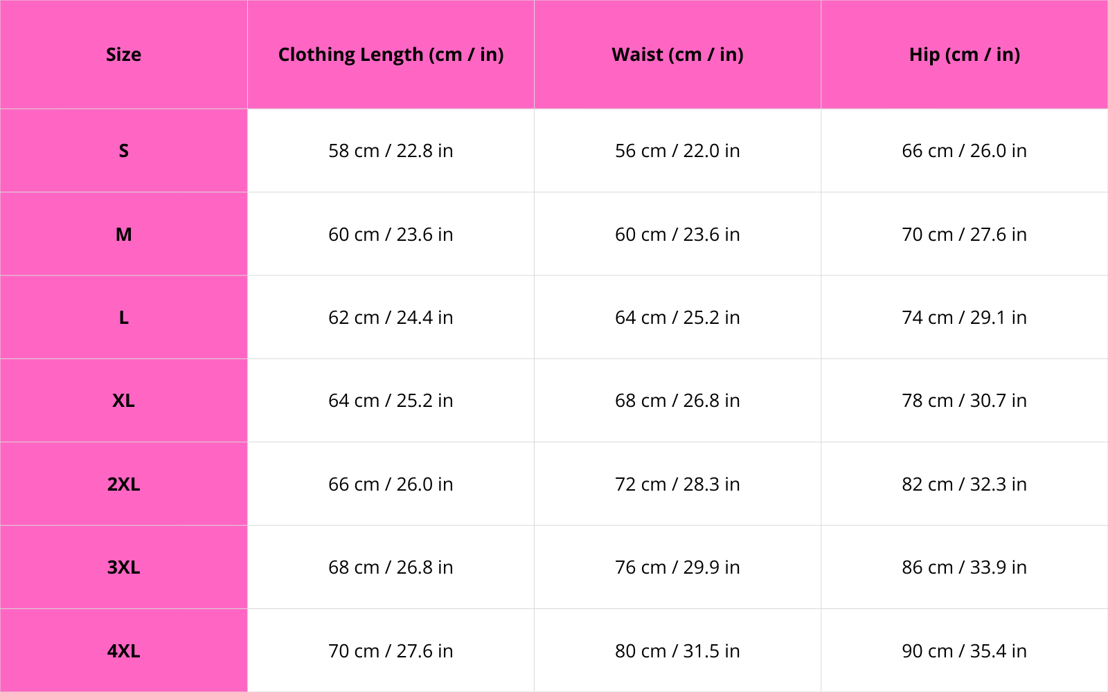 Size chart